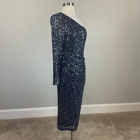 Betsy & Adam Women's Cocktail Dress Size 8 Blue Sequin One Shoulder Midi Sheath - Picture 2 of 14
